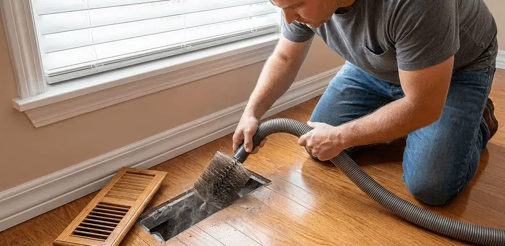 Air duct cleaning technician vacuuming a floor vent and duct opening in Boise, ID
