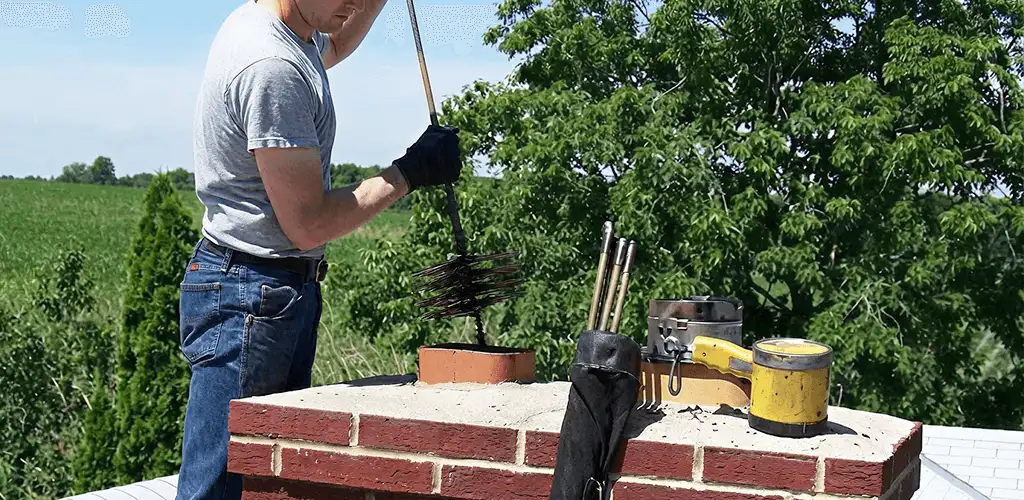Chimney cleaning technician working on a rooftop chimney with professional tools in Boise, ID