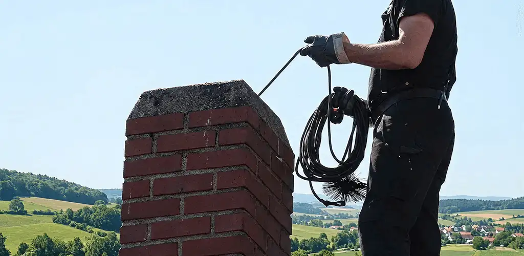 Chimney sweep inspecting and cleaning a rooftop chimney in Boise, ID