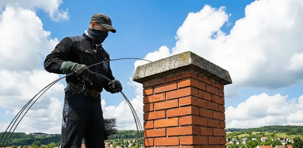 Chimney sweep cleaning a brick chimney with professional tools in Boise, ID