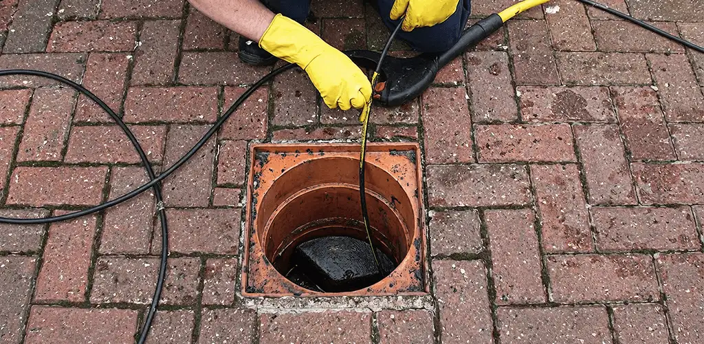Drain cleaning technician using a drain snake to clear a clogged drain in Boise, ID