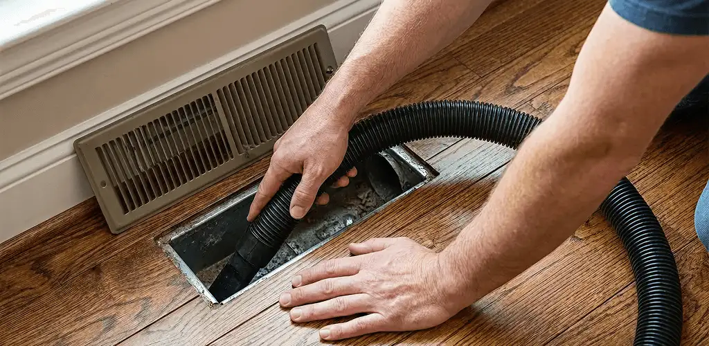 Air duct cleaning technician vacuuming a floor register and duct opening in Boise, ID