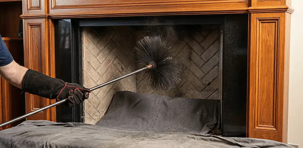 Chimney cleaning service brushing soot from a fireplace and flue in Boise, ID