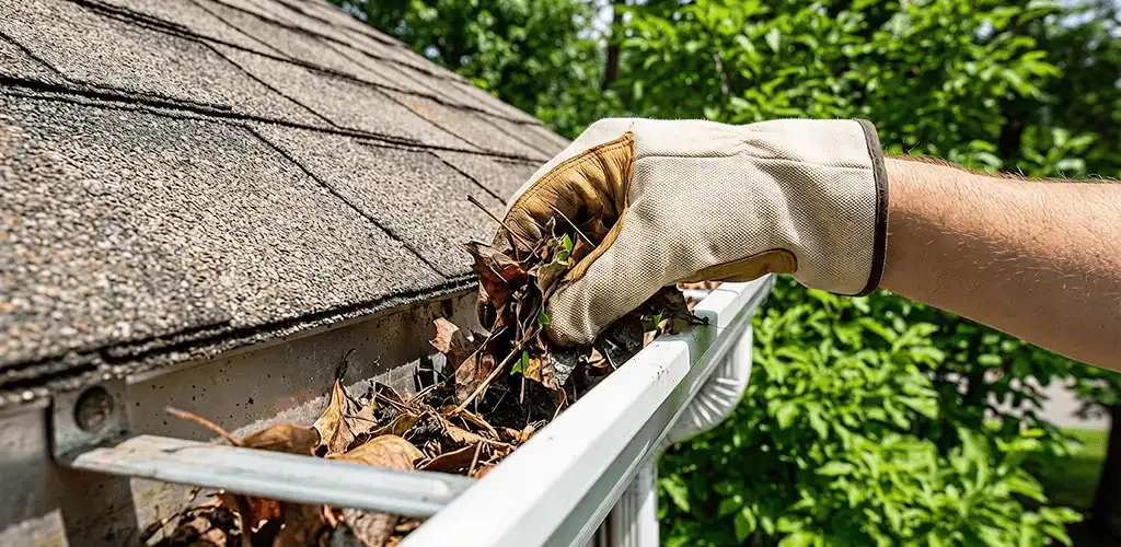 Gutter cleaning removing leaves and debris from roof gutters in Boise, ID