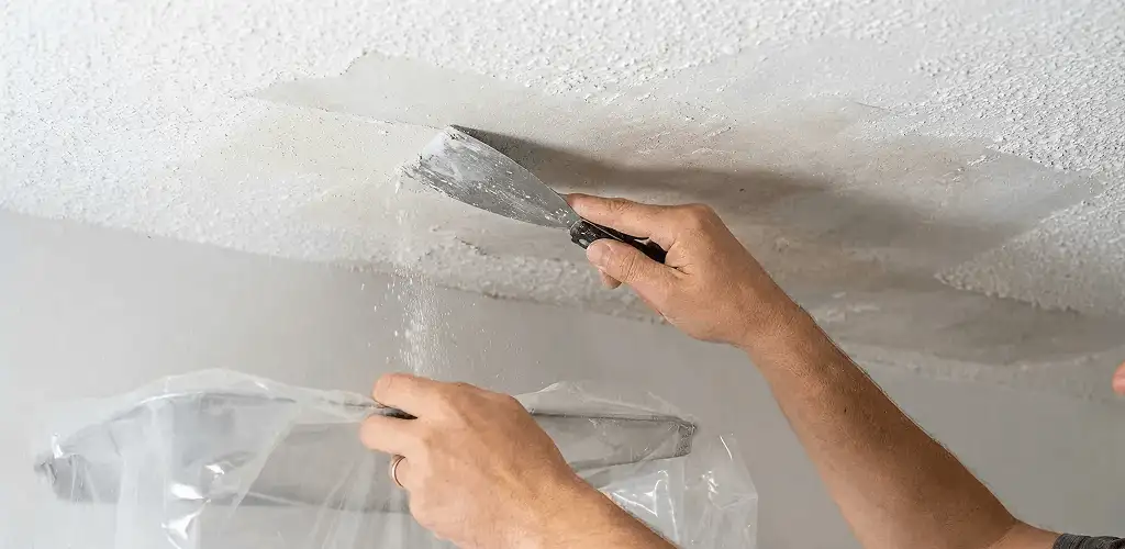 Popcorn ceiling removal technician scraping texture from a ceiling in Boise, ID