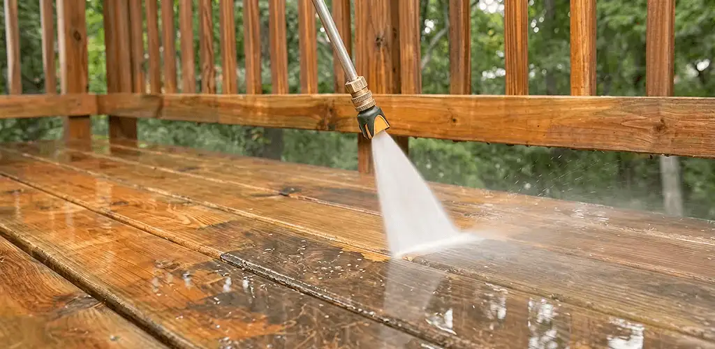Pressure washing a wood deck to remove dirt and buildup in Boise, ID