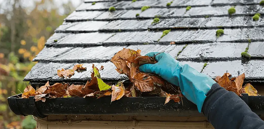 Gutter cleaning technician clearing wet leaves from roof gutters in Boise, ID