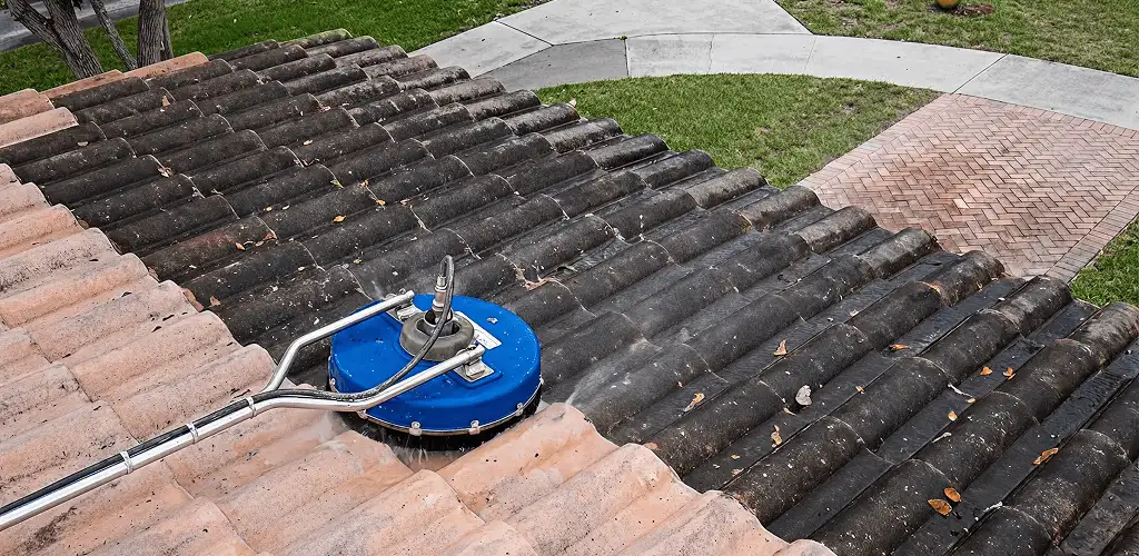 Roof pressure cleaning removing debris and buildup from roof tiles in Boise, ID