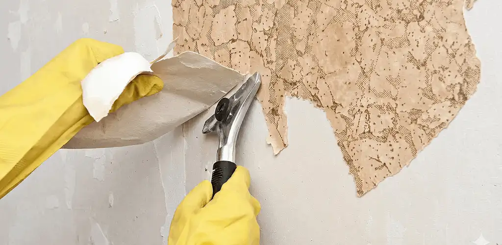 Wallpaper removal service stripping old wallpaper from a wall in Boise, ID