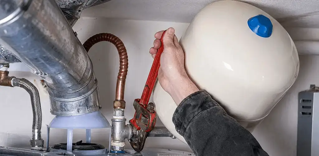 Water heater repair technician tightening plumbing connections near a tank unit in Boise, ID